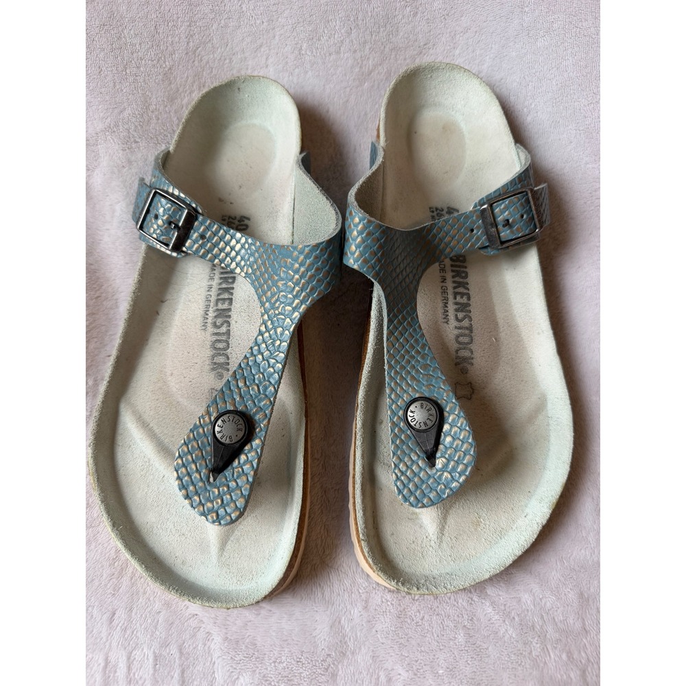 Birkenstock Gizeh Sandals Womens 9 Blue Good Snakeskin Embossed Thong Cork